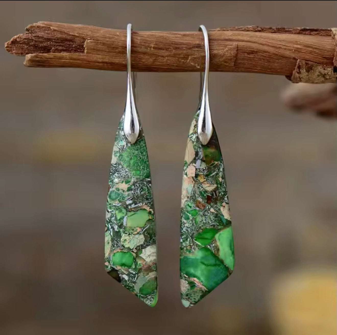 Emerald Mosaic Jasper Drop Earrings with deep green and earthy tones in elegant elongated design