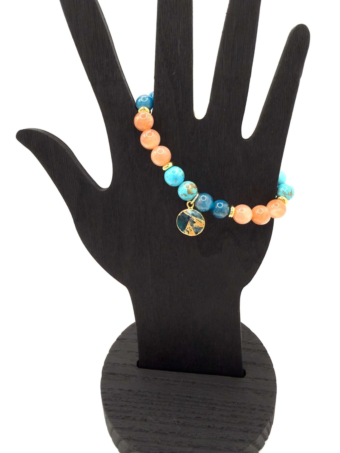 Ocean of Possibilities Bracelet with natural apatite, sunstone, and turquoise 8mm gemstones on stretch cord