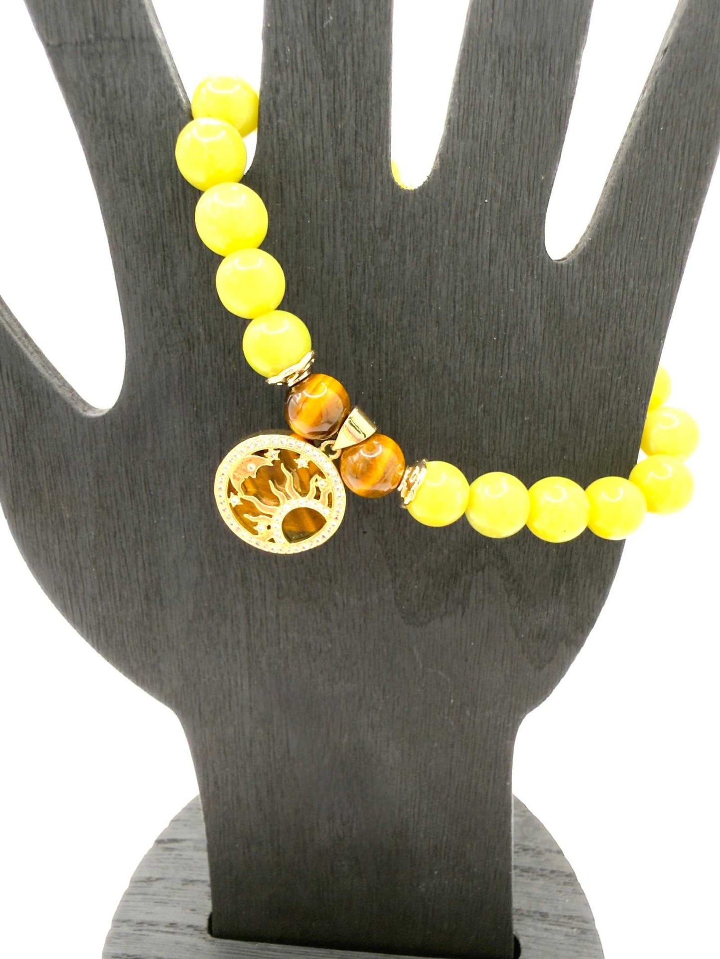Strength Resilience Bracelet with Serpentine and Tiger Eye stones featuring optional Sun & Moon charm for balance and protection