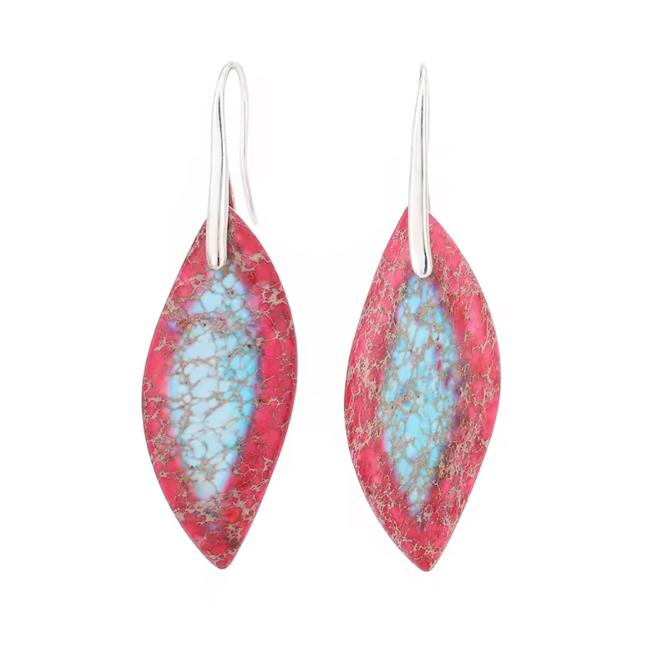 Crimson Sky Jasper drop earrings with elongated crimson red and turquoise marbled stones on silver-tone hooks