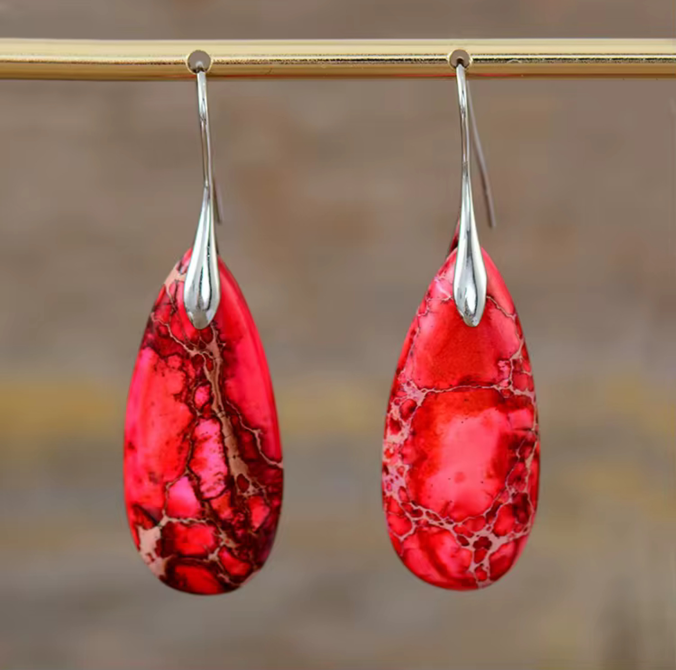 Crimson Current Jasper Drop Earrings with elongated teardrop-shaped crimson jasper stones and silver-tone hangers