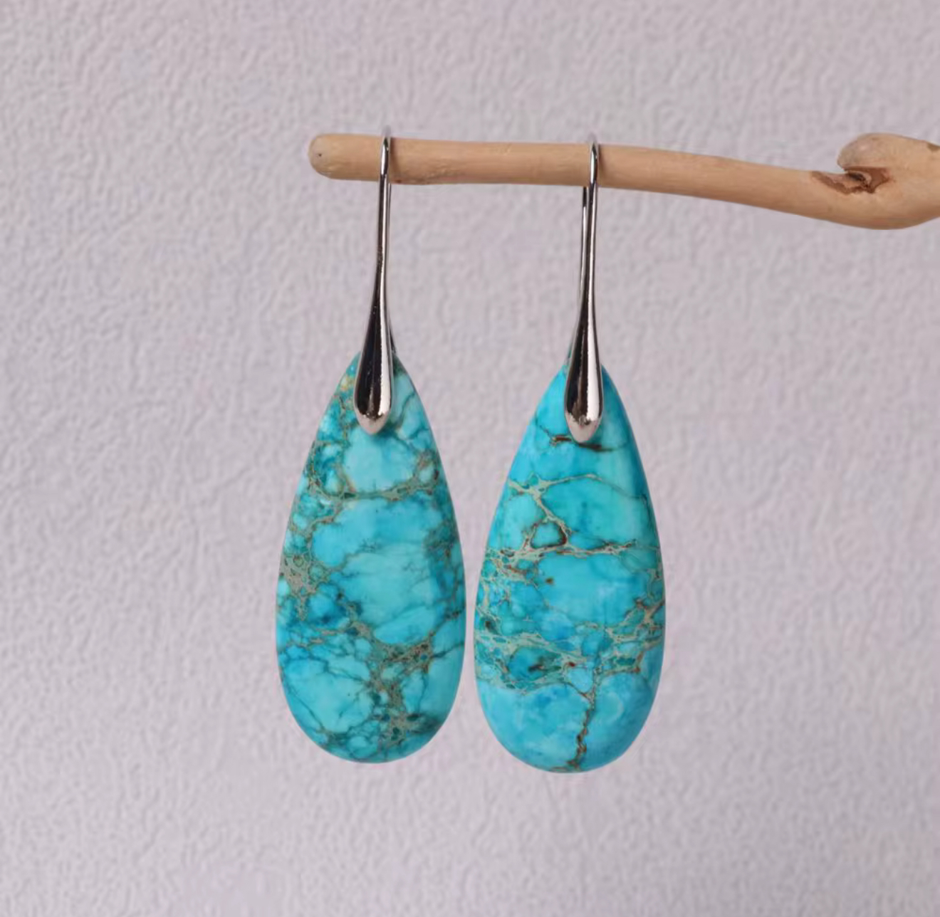 Turquoise Path Jasper Drop Earrings with turquoise blue teardrop stones and silver-tone hangers showcasing natural veining patterns