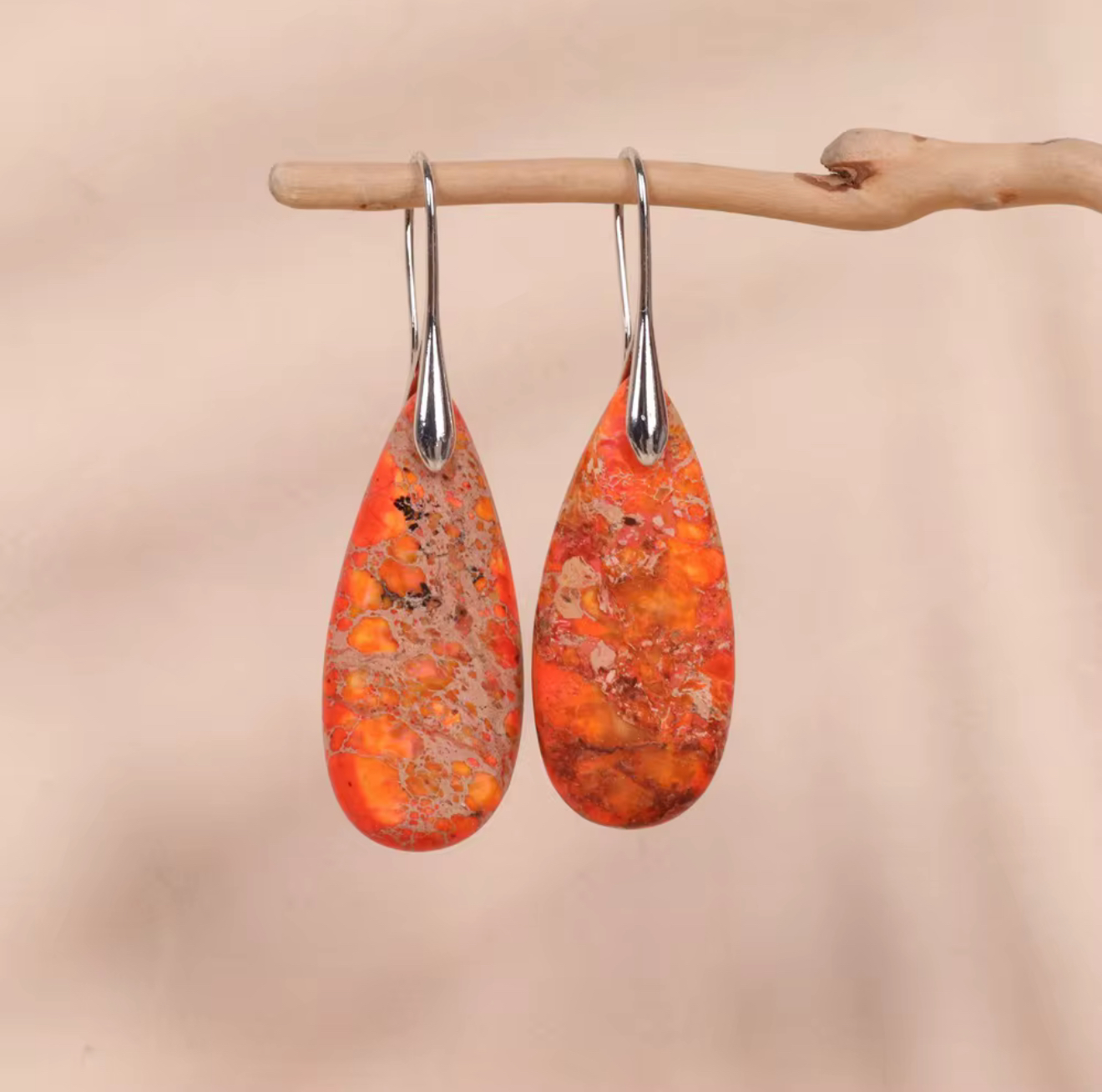 Ember Path Jasper drop earrings with warm orange and ember tones, natural veining, and silver-tone hangers.