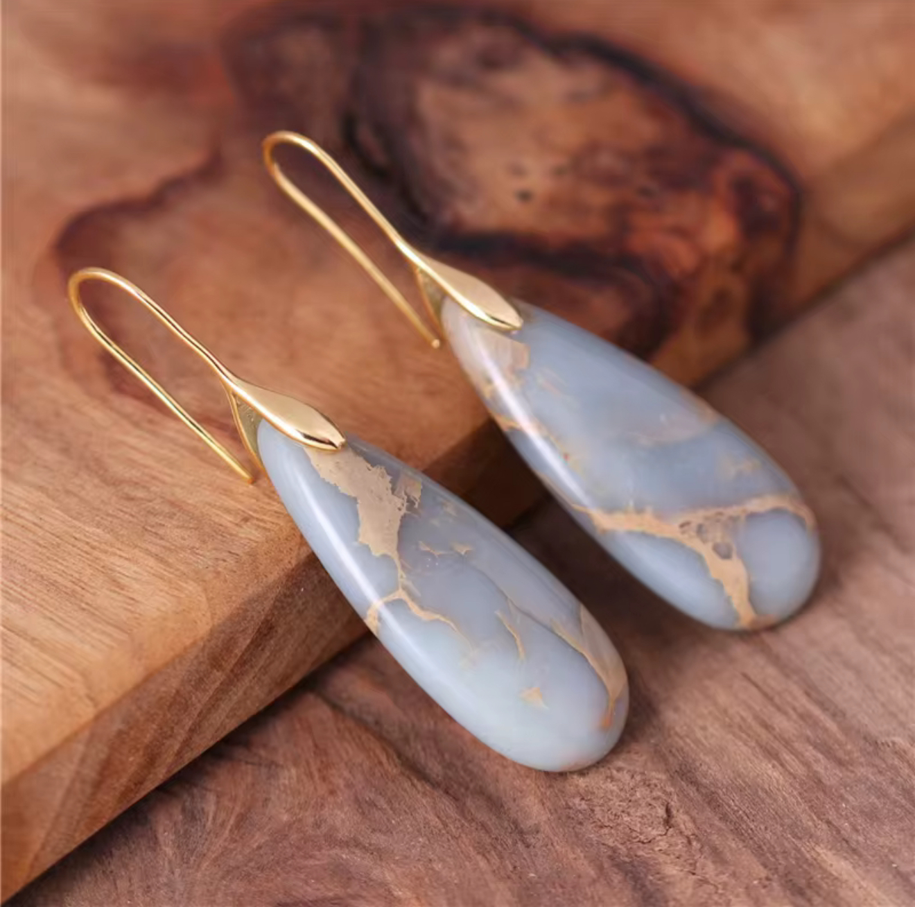 Pale Sky Vein Jasper Drop Earrings with powder blue and soft gray jasper stones and gold-tone hooks