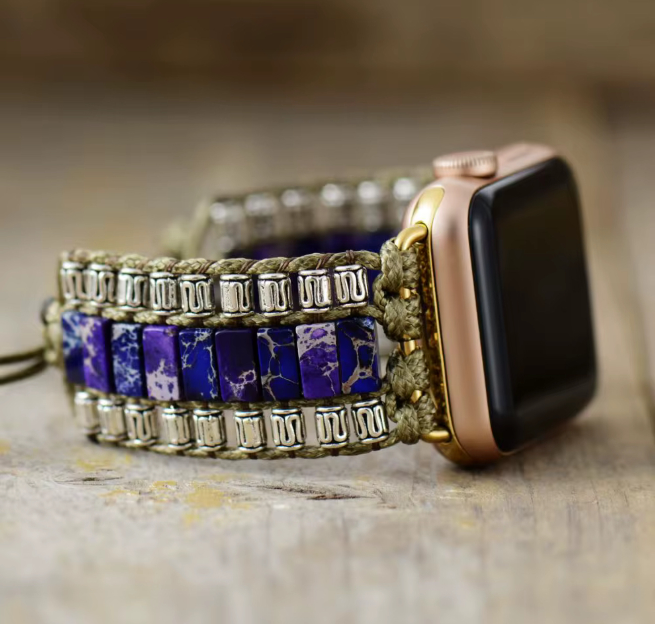 Purple Imperial Jasper Apple Watch Band with olive macramé and silver accents close-up on rose gold Apple Watch