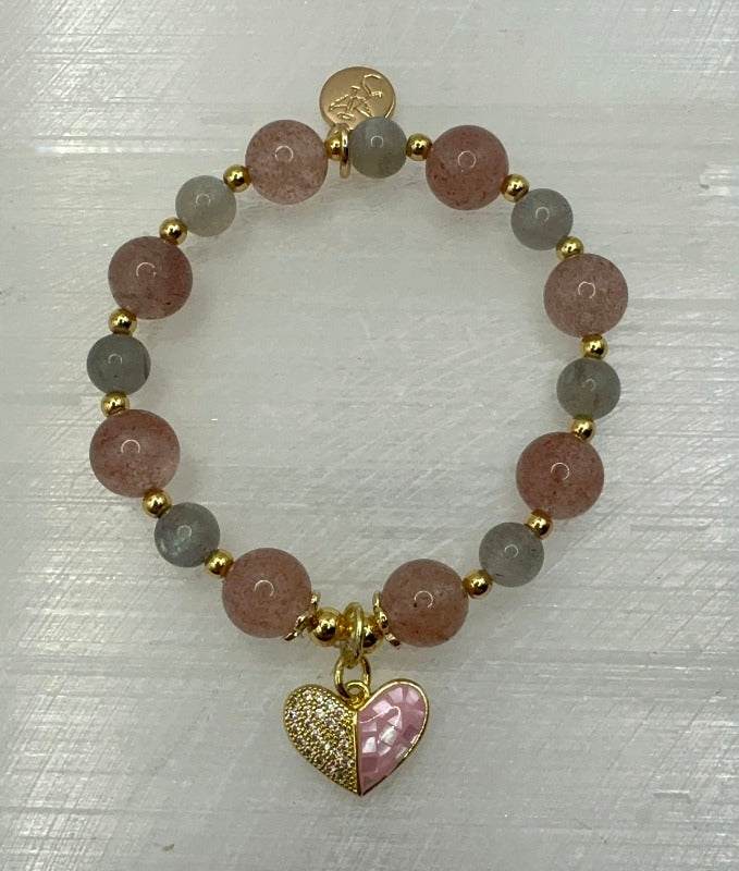 Love Compassion Bracelet with strawberry quartz, labradorite beads, and gold pink heart charm