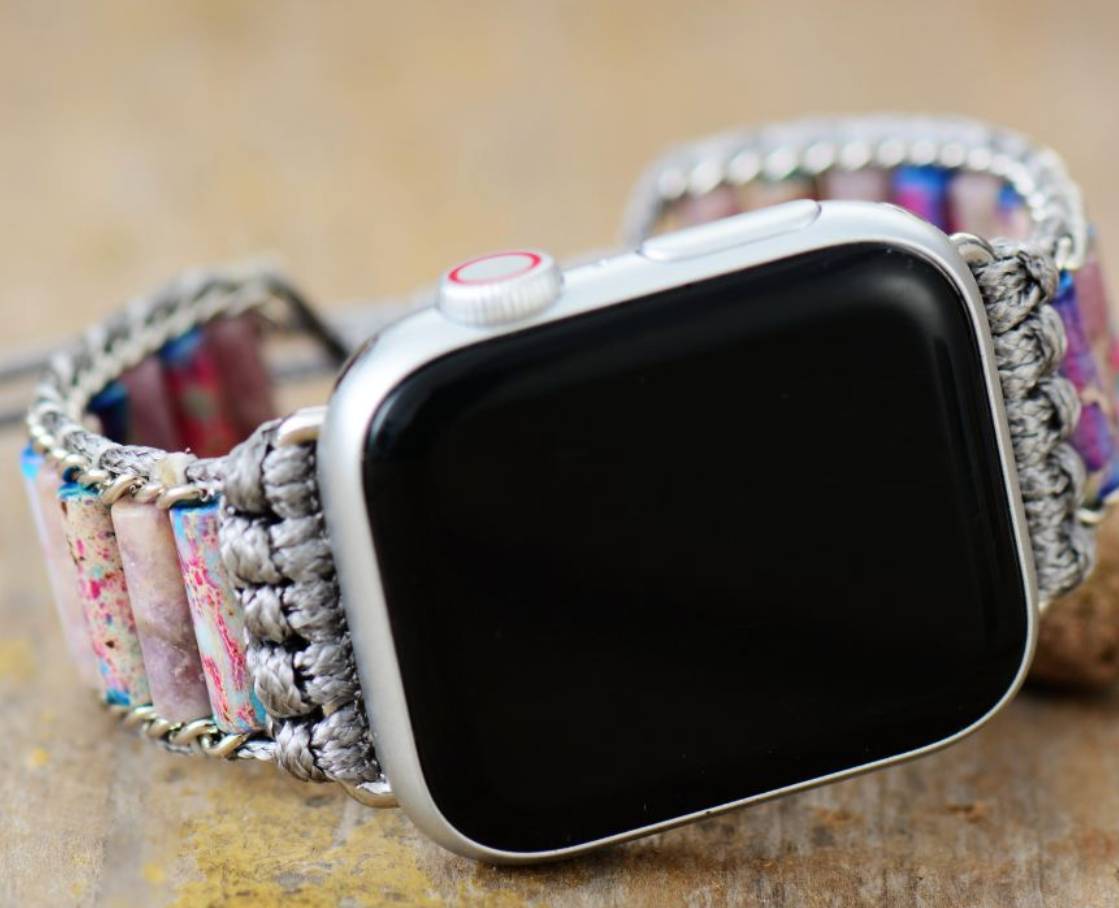 Multicolor agate Apple Watch band with silver macramé and adjustable slide closure