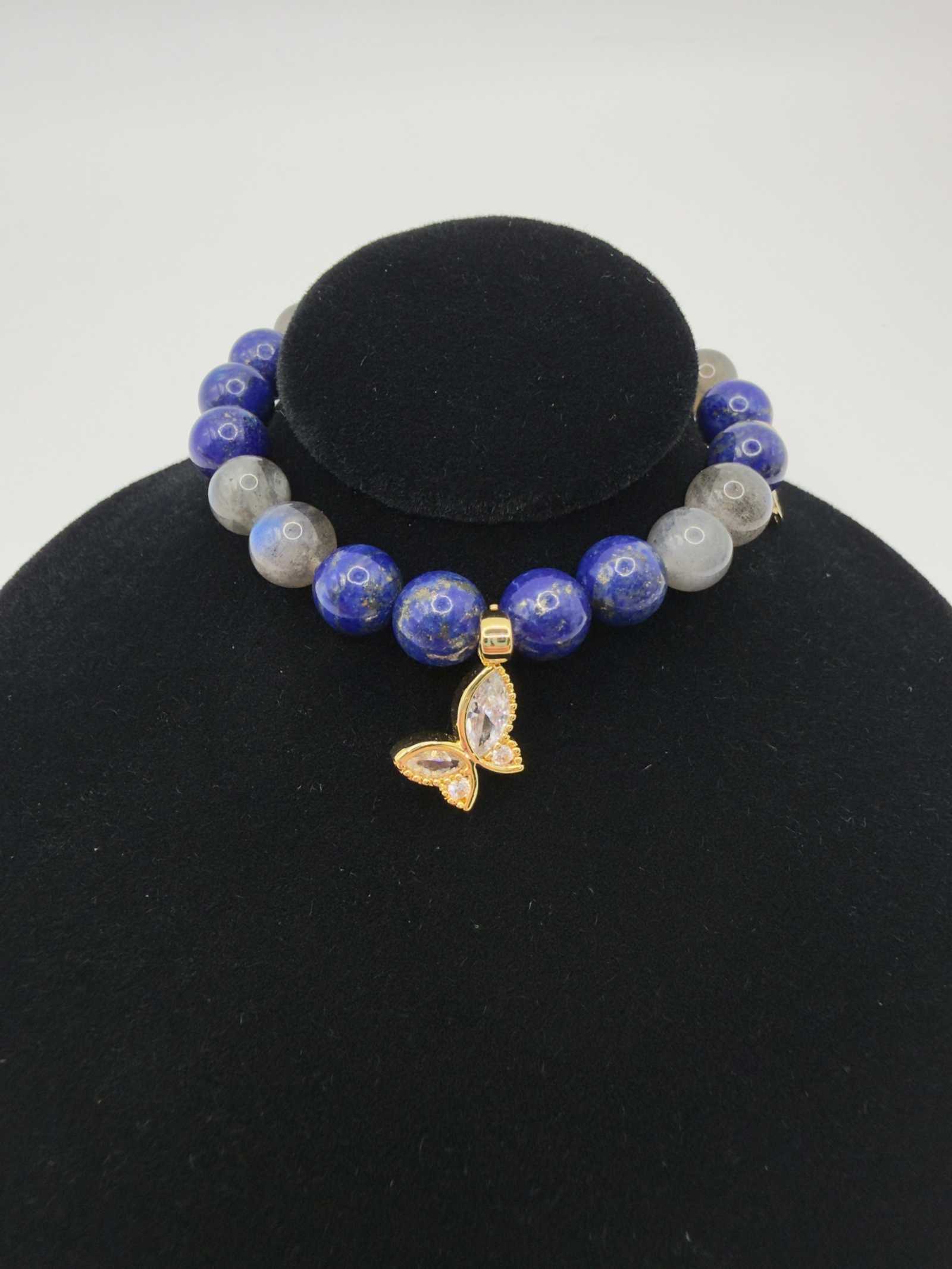 Lapis Lazuli and Labradorite Transformation Bracelet with butterfly charm and gold accents on stretch cord