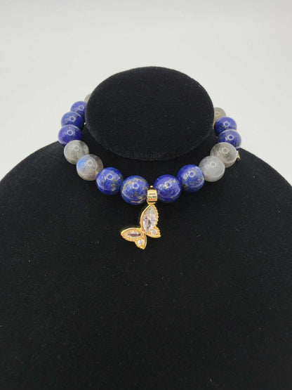 Lapis Lazuli and Labradorite Transformation Bracelet with butterfly charm and gold accents on stretch cord