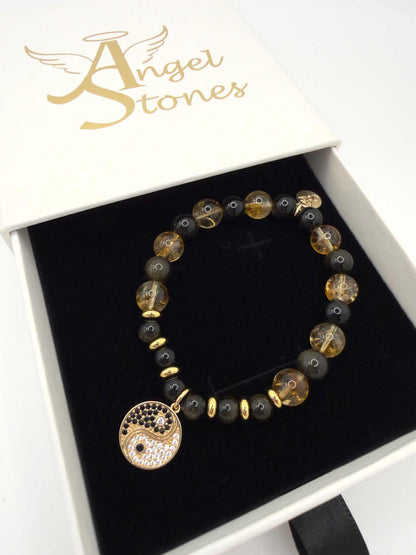 Yin Yang Bracelet with golden obsidian, citrine beads, and yin yang charm for balance and personal power