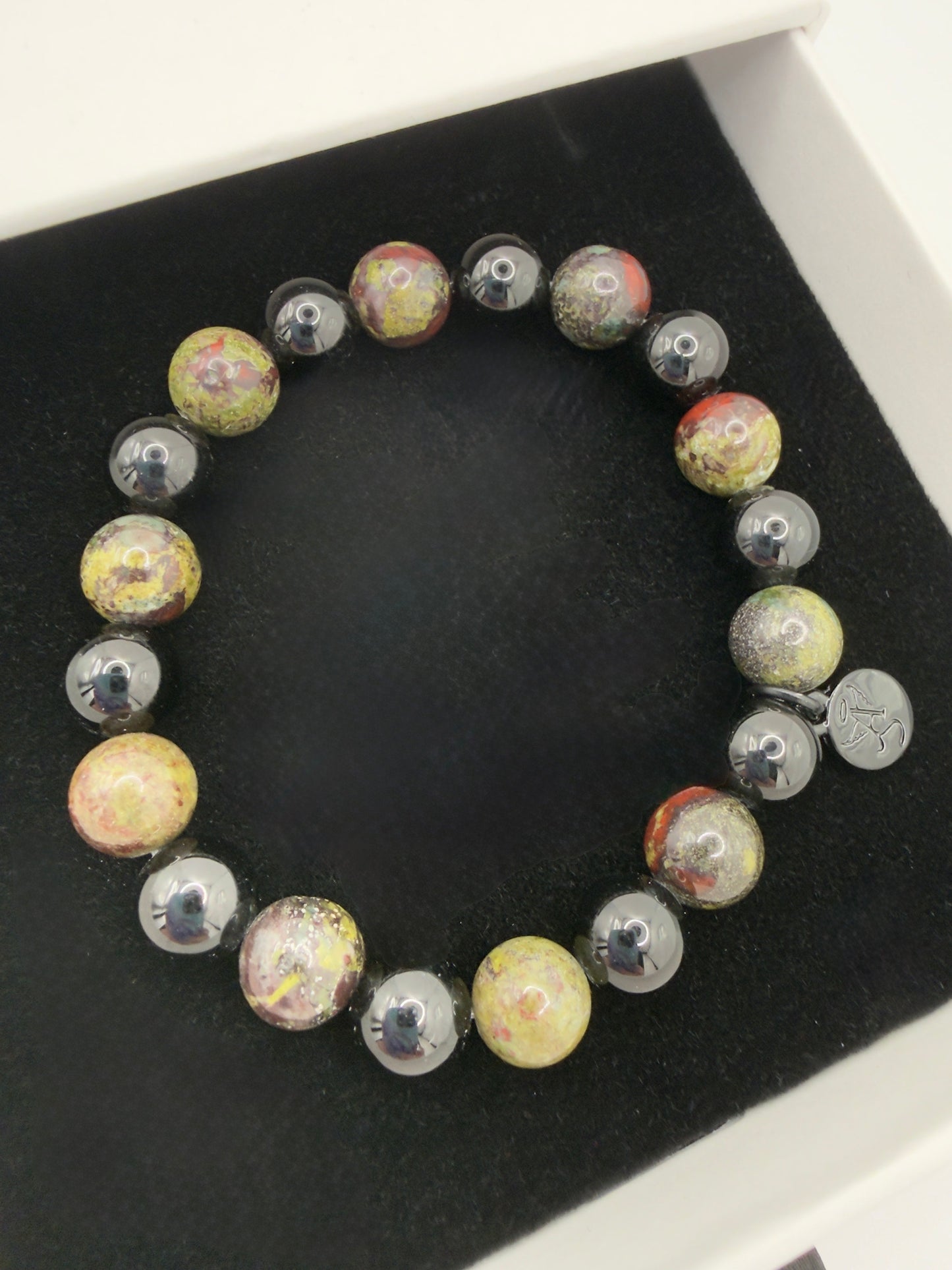 Handmade Black Tourmaline and Bloodstone protection bracelet with silver angel charm