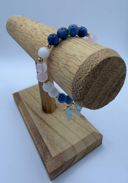 Handcrafted Blue Kyanite, Moonstone, and Rose Quartz grief bracelet with angel wings charm for emotional healing and comfort