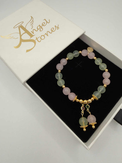 Love in Bloom bracelet with rose quartz and prehnite beads in soft pink and green hues