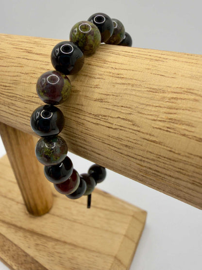 Black Tourmaline and Bloodstone protection bracelet with silver angel charm on stretch fit band