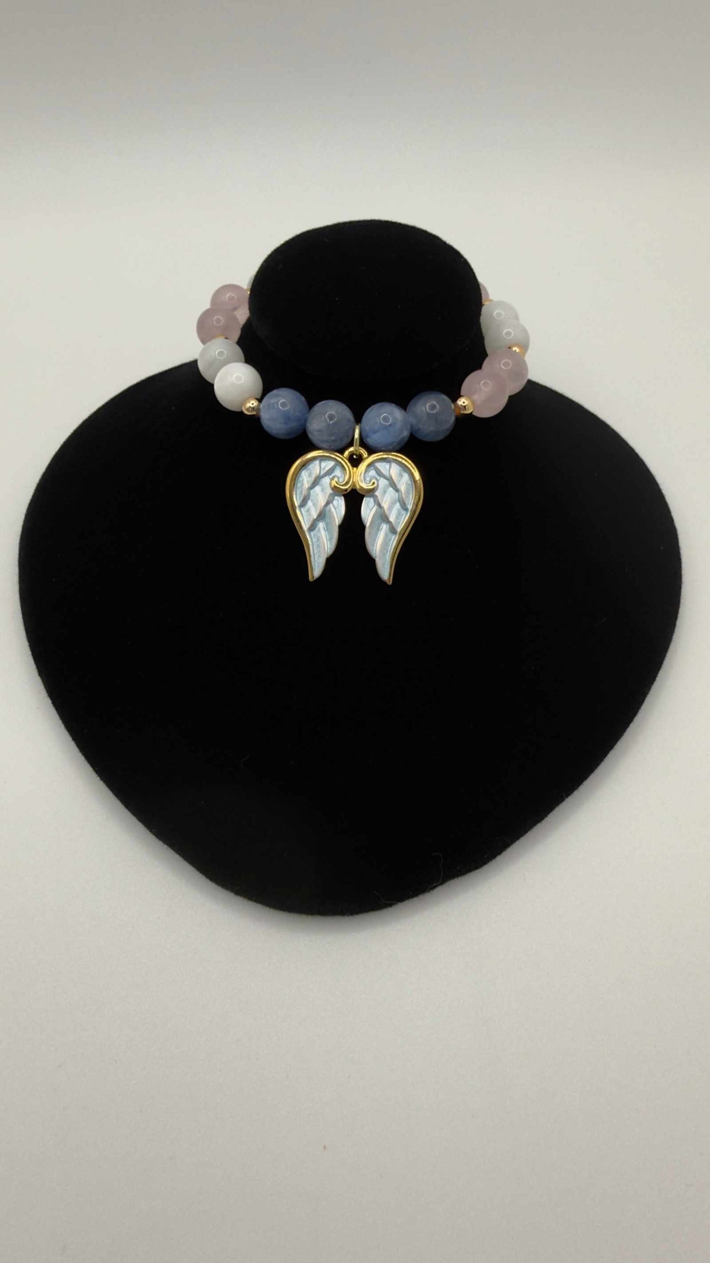 Blue Kyanite, Moonstone, and Rose Quartz Grief Bracelet with optional angel wings charm for emotional healing and support