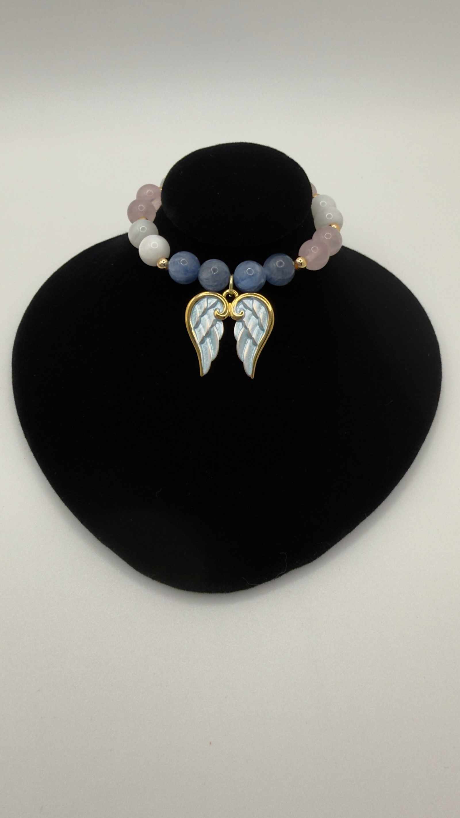 Blue Kyanite, Moonstone, and Rose Quartz Grief Bracelet with optional angel wings charm for emotional healing and support