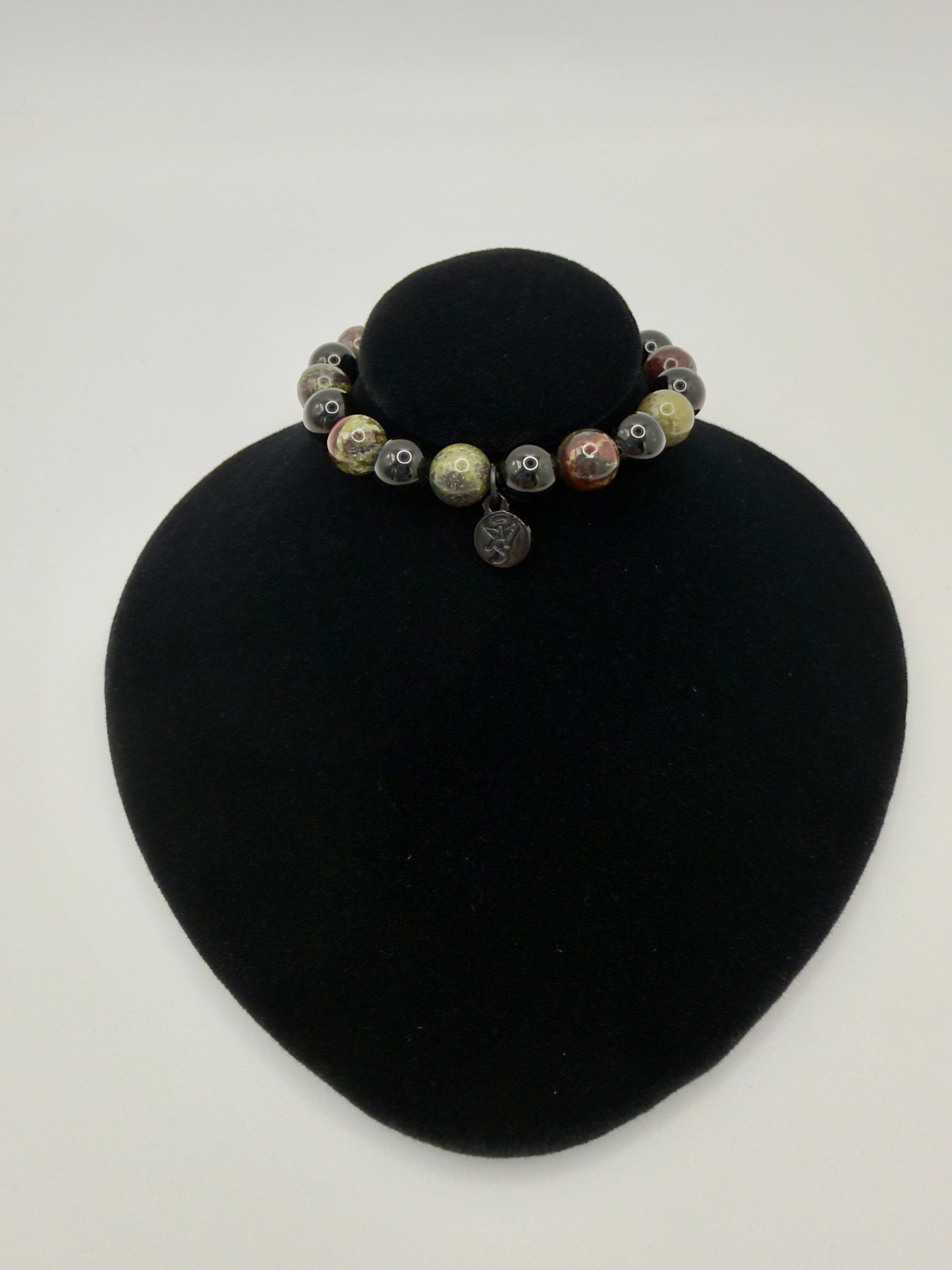 Black Tourmaline and Bloodstone protection bracelet with silver angel charm on stretch band