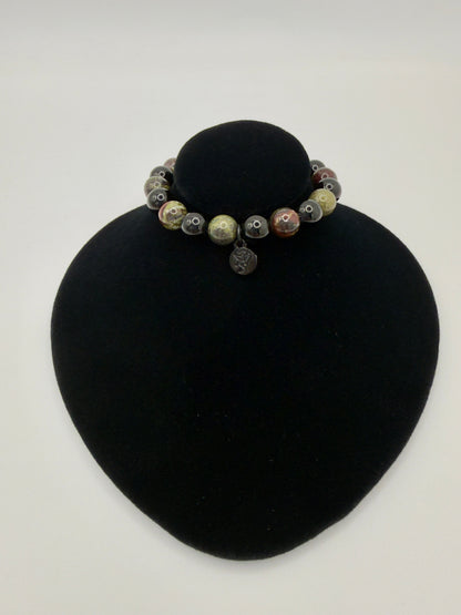 Black Tourmaline and Bloodstone protection bracelet with silver angel charm on stretch band
