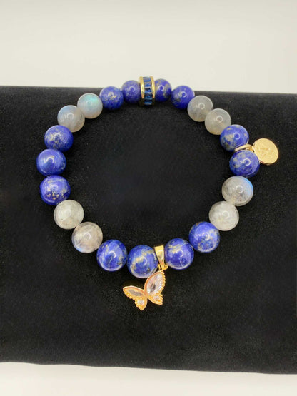 Lapis Lazuli and Labradorite Transformation Bracelet with butterfly charm on stretch cord