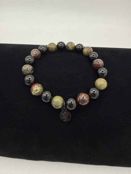 Black Tourmaline and Bloodstone protection bracelet with silver angel charm and stretch fit design