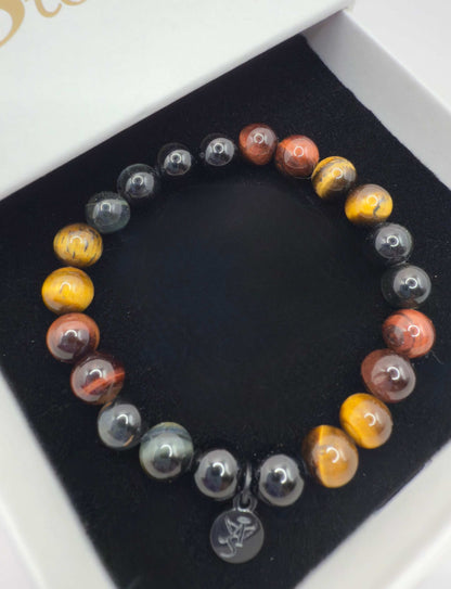 Superior Energy Protection Bracelet with black tourmaline and yellow, red, blue tiger eye beads in black box