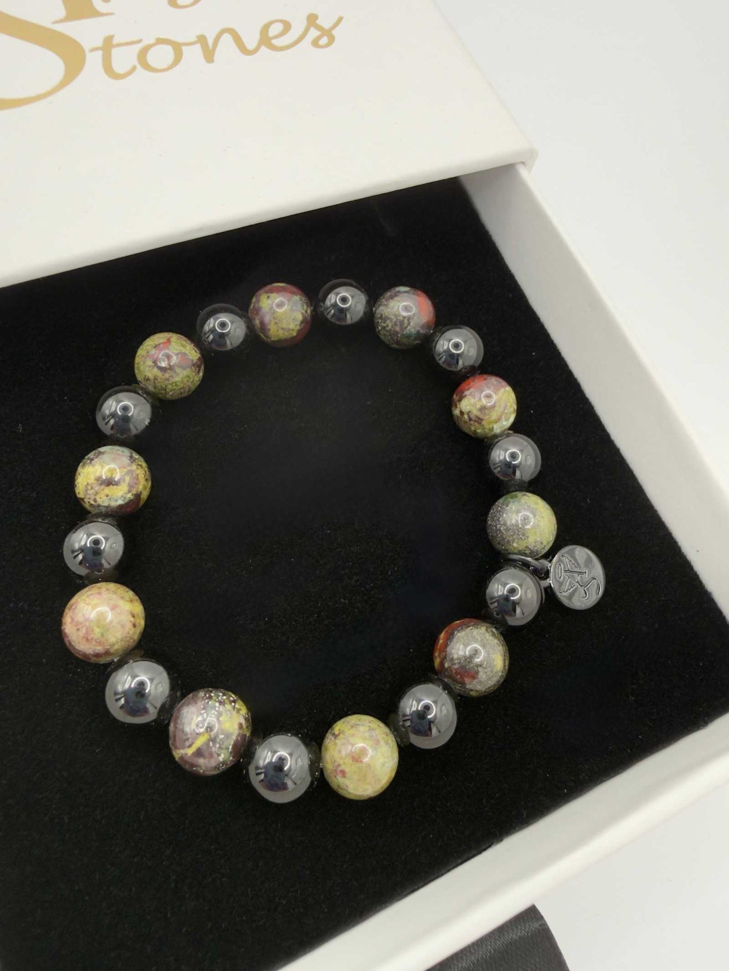 Black Tourmaline and Bloodstone protection bracelet with silver angel charm and stretch fit