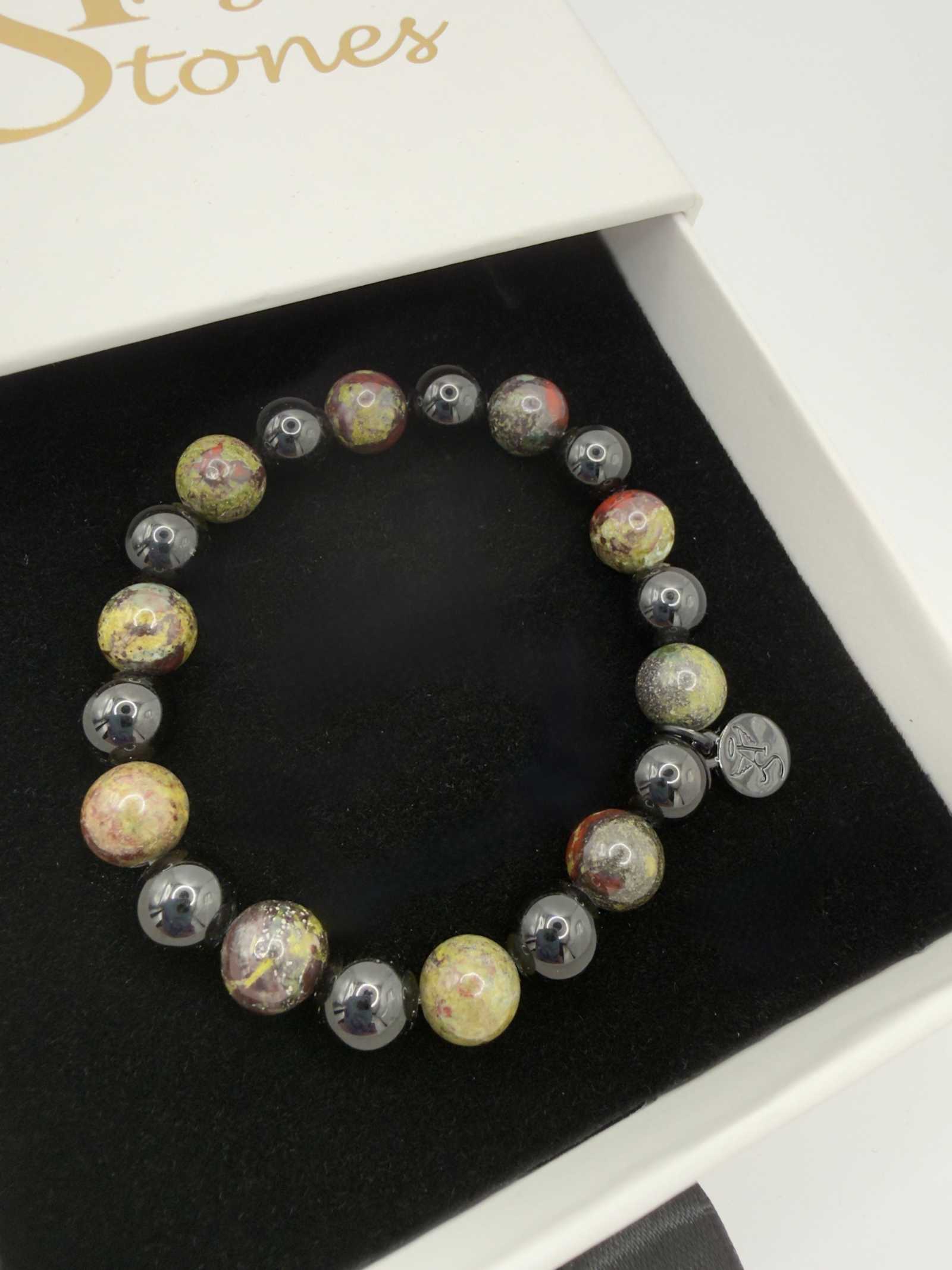 Black Tourmaline and Bloodstone protection bracelet with silver angel charm and stretch fit