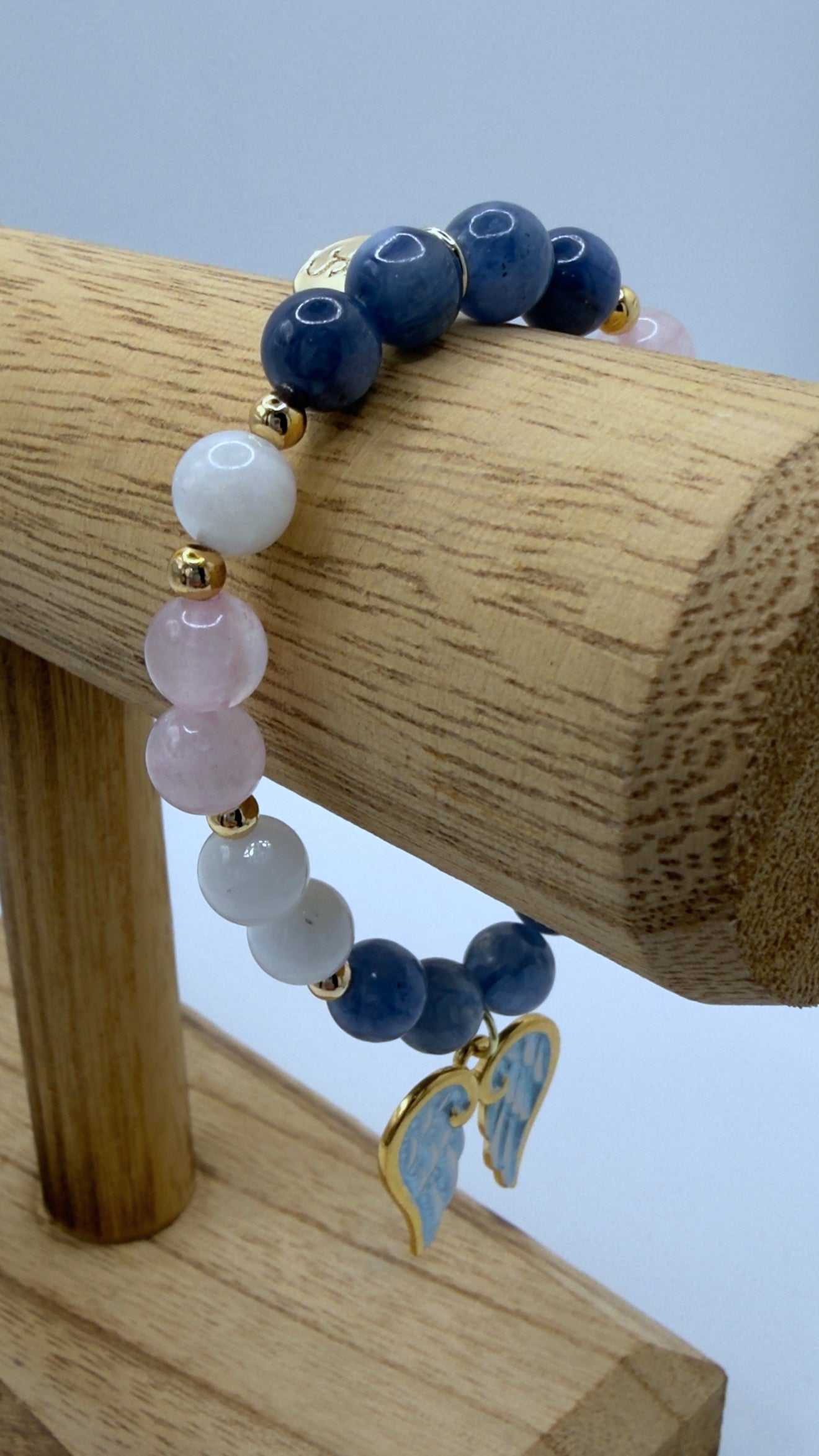 Blue Kyanite, Moonstone, and Rose Quartz grief bracelet with optional angel wings charm on stretch cord