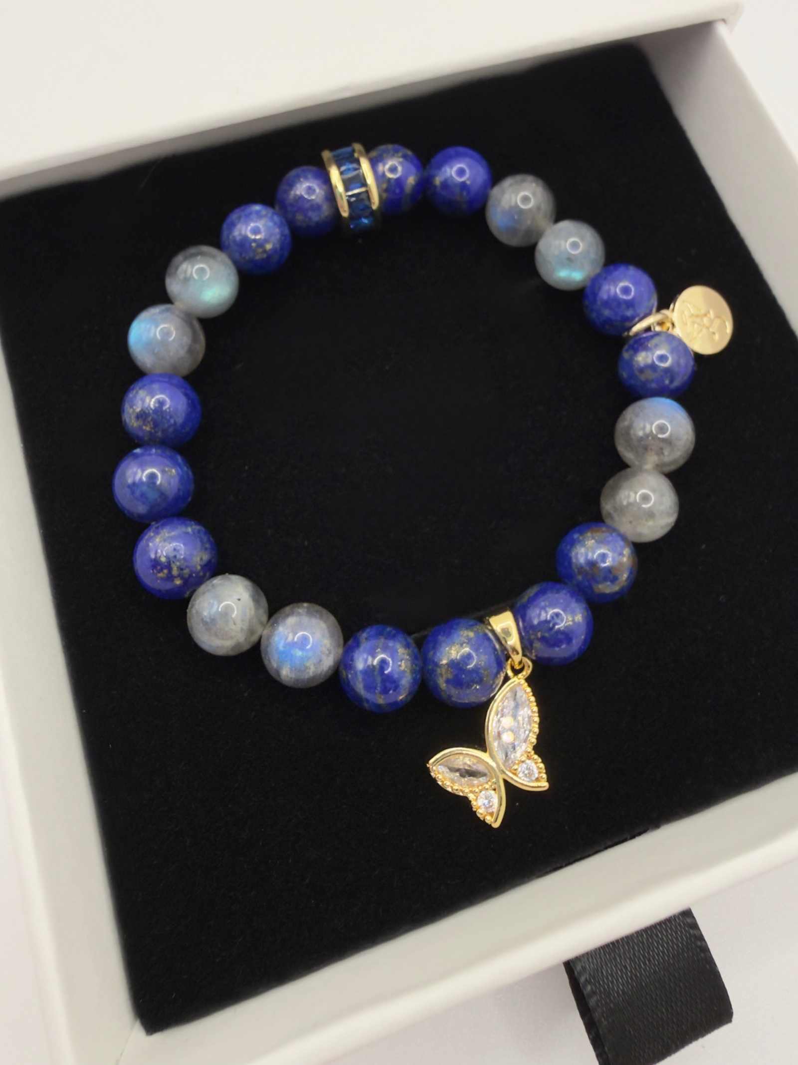 Lapis Lazuli and Labradorite Transformation Bracelet with butterfly charm on stretch cord