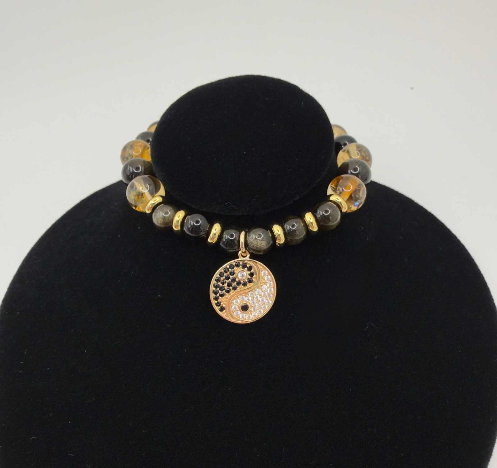 Yin Yang Bracelet with golden obsidian, citrine beads, and optional Yin Yang charm for personal power and balance