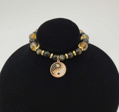 Yin Yang Bracelet with golden obsidian, citrine beads, and optional Yin Yang charm for personal power and balance