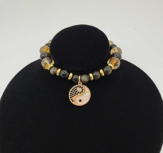 Yin Yang Bracelet with golden obsidian, citrine beads, and optional Yin Yang charm for personal power and balance