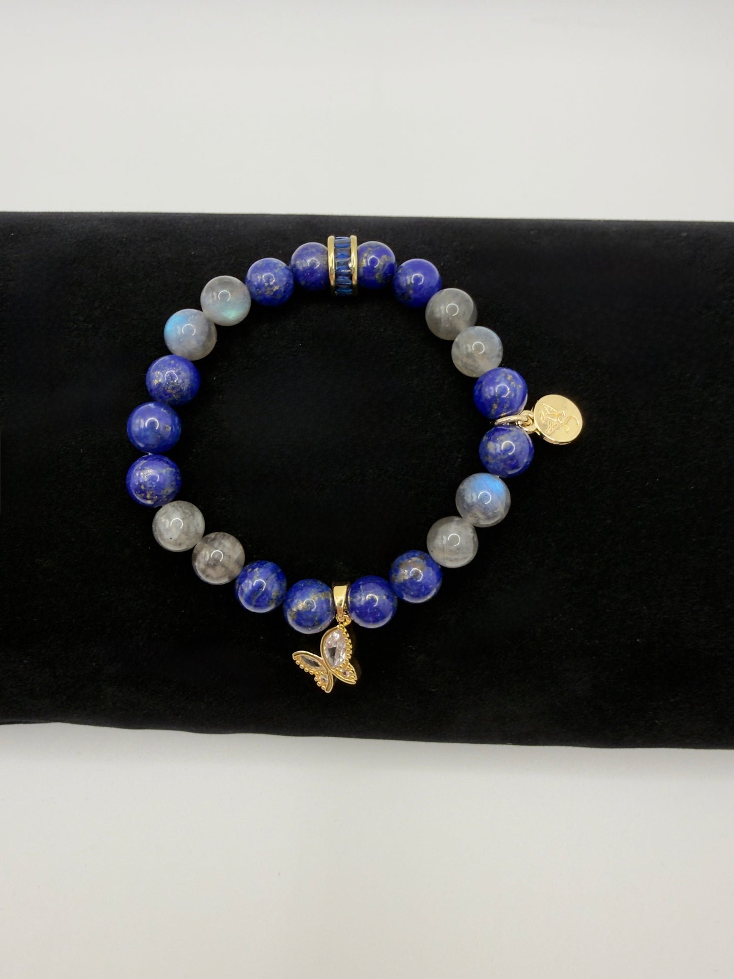 Lapis Lazuli and Labradorite Transformation Bracelet with gold butterfly charm and stretch design