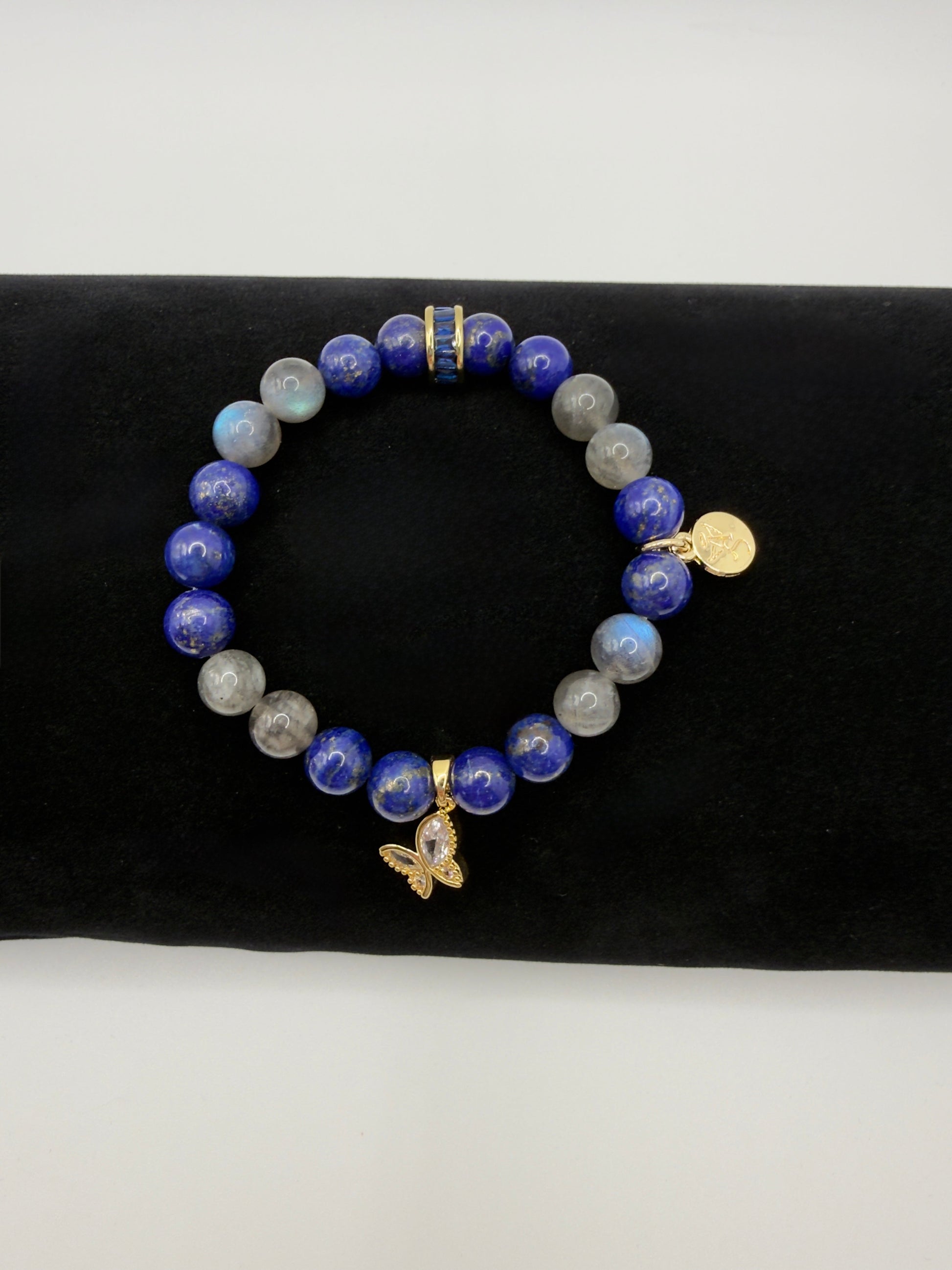 Lapis Lazuli and Labradorite Transformation Bracelet with gold butterfly charm and stretch design