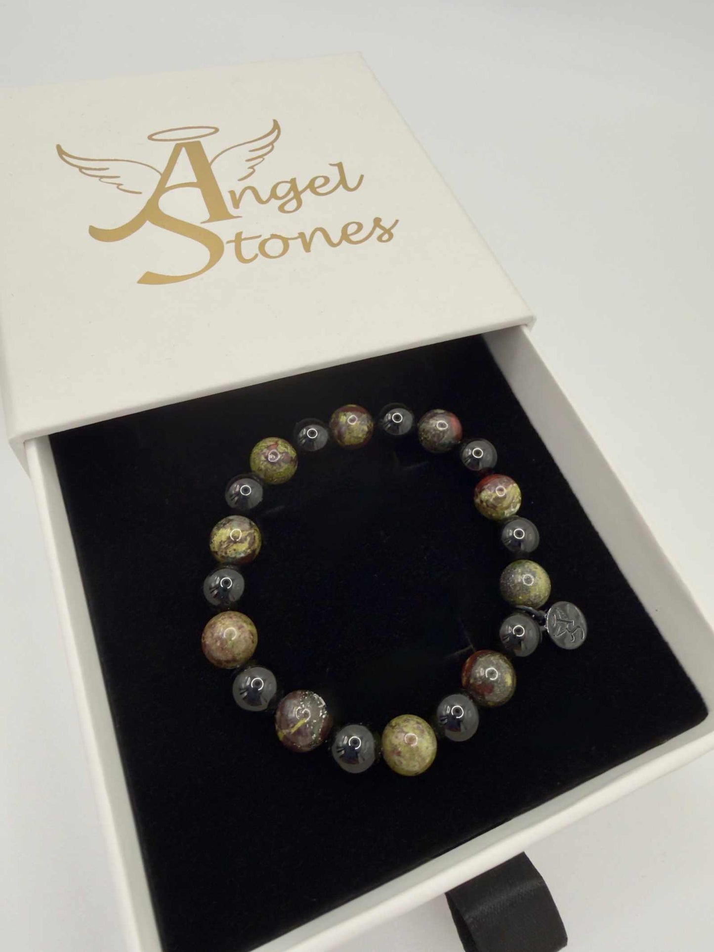 Black Tourmaline and Bloodstone protection bracelet with silver-plated angel charm on stretch band