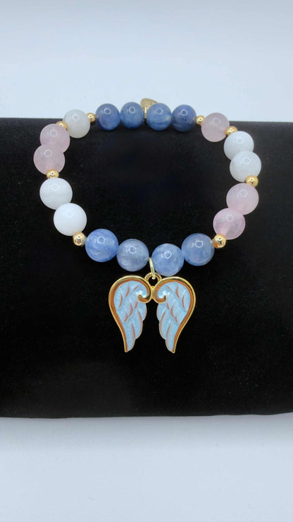 Blue Kyanite, Moonstone, and Rose Quartz grief bracelet with optional angel wings charm on stretch cord