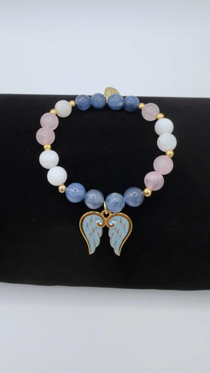 Blue Kyanite, Moonstone, and Rose Quartz grief bracelet with optional angel wings charm on stretch cord