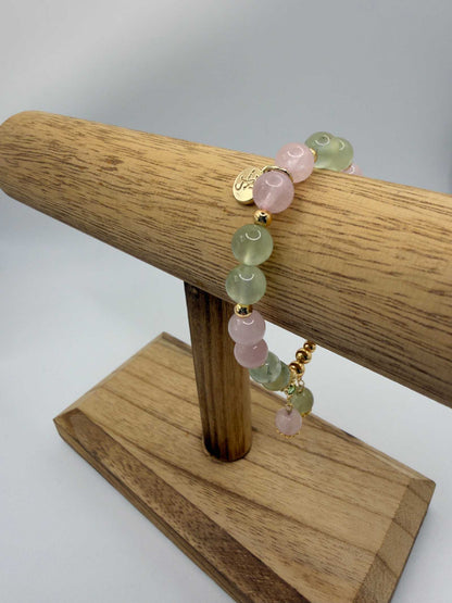 Love in Bloom Bracelet with rose quartz and prehnite beads in soft pink and seafoam green colors