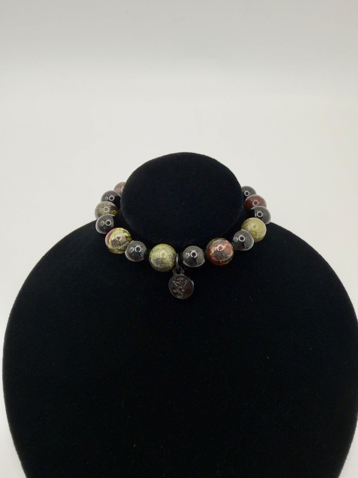 Black Tourmaline and Bloodstone Protection Bracelet with silver charm for energetic shielding and strength
