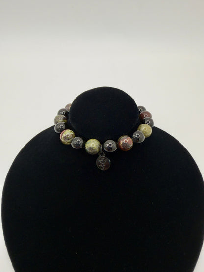 Black Tourmaline and Bloodstone Protection Bracelet with silver charm for energetic shielding and strength