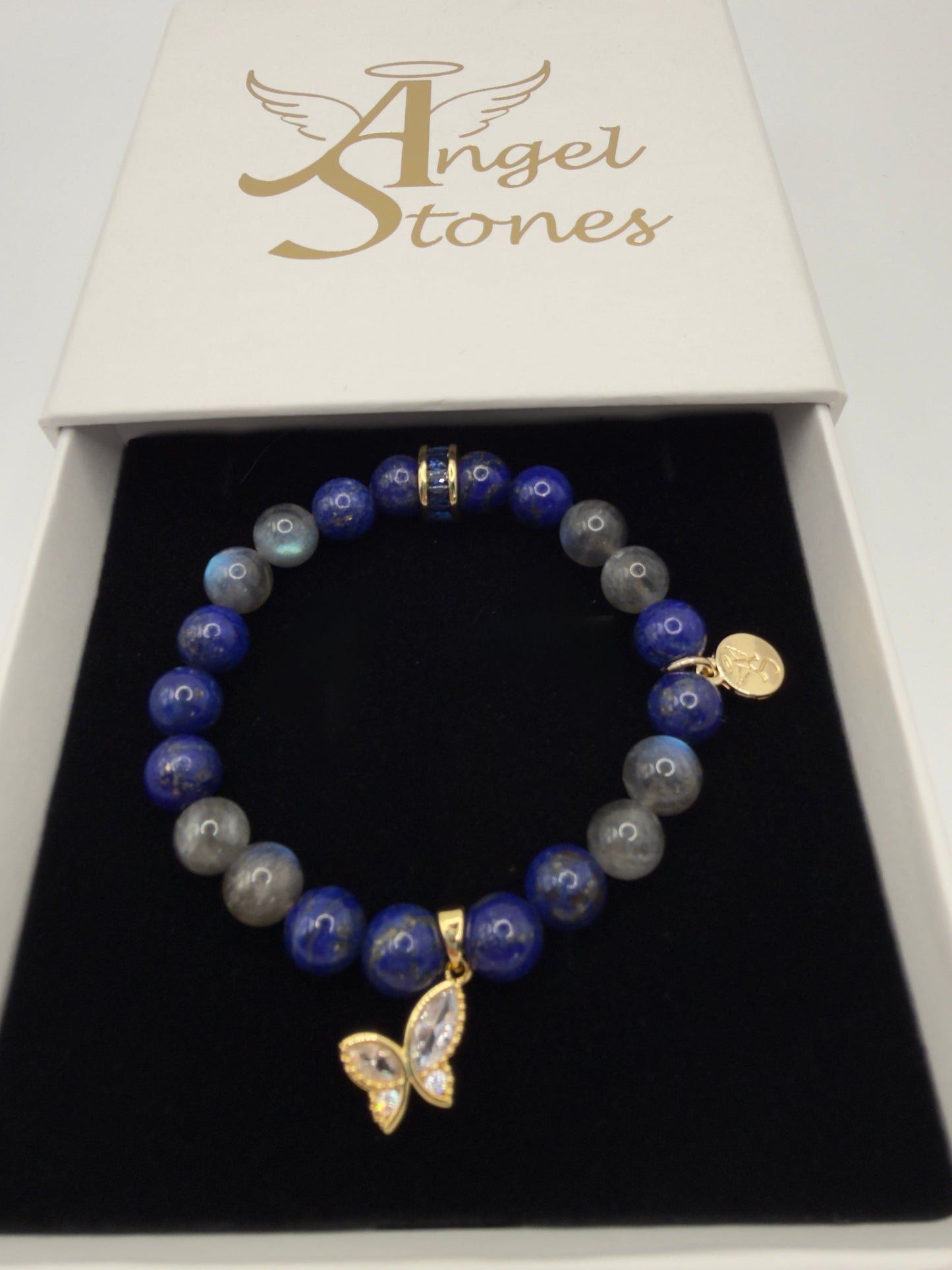 Lapis Lazuli and Labradorite bracelet with gold butterfly charm and stretch design