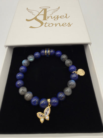 Lapis Lazuli and Labradorite bracelet with gold butterfly charm and stretch design