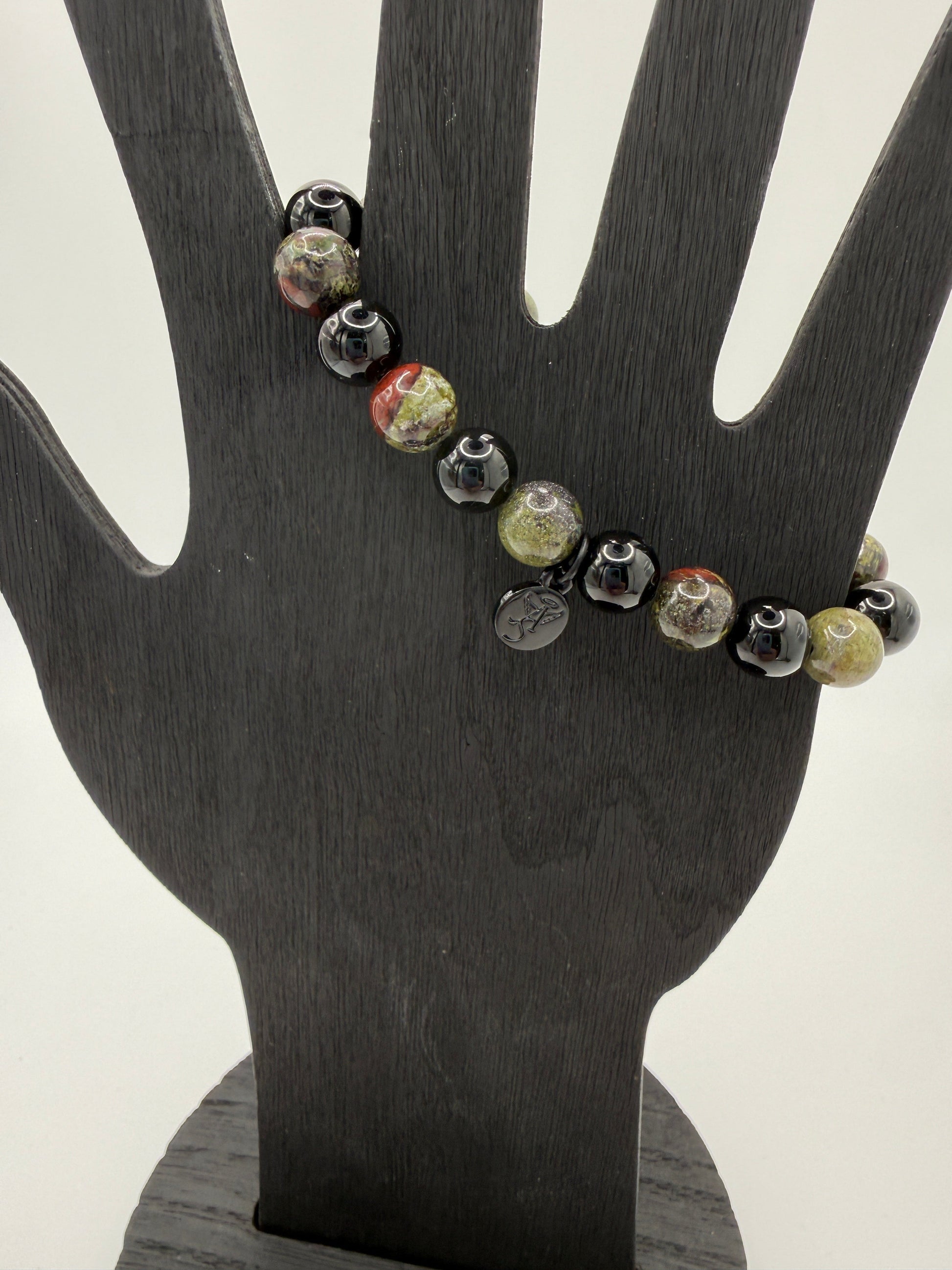 Black Tourmaline and Bloodstone protection bracelet with silver angel charm on stretch fit band