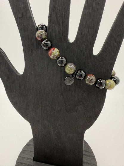 Black Tourmaline and Bloodstone protection bracelet with silver angel charm on stretch fit band