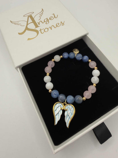 Blue kyanite, moonstone, and rose quartz grief bracelet with optional angel wings charm