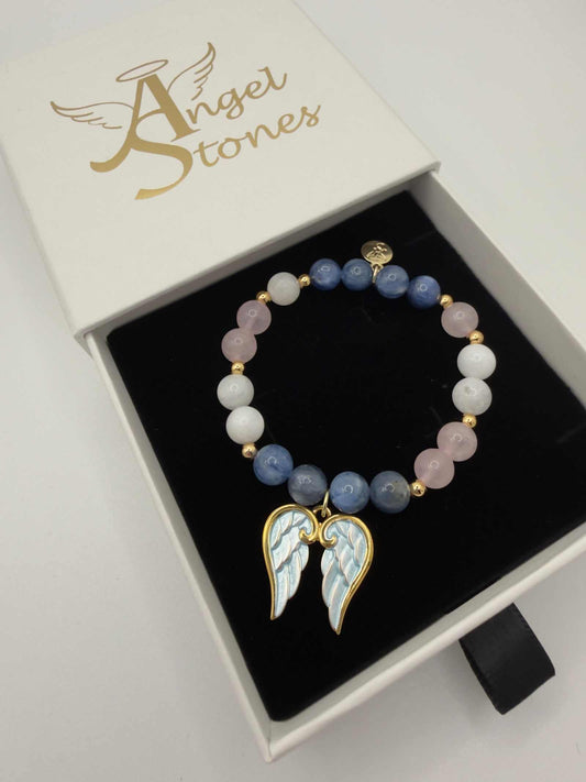 Blue kyanite, moonstone, and rose quartz grief bracelet with optional angel wings charm