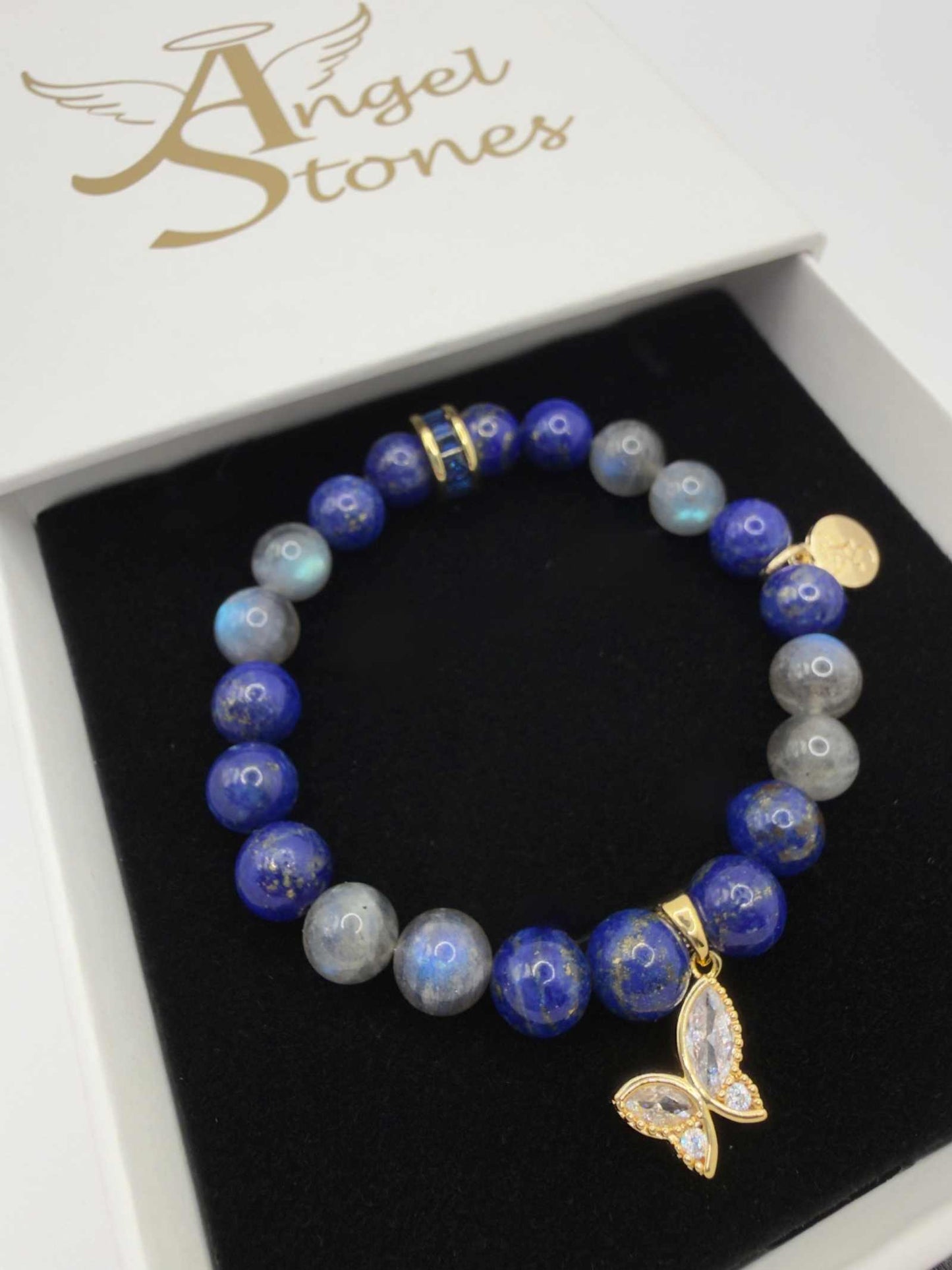 Lapis Lazuli and Labradorite Transformation Bracelet with gold butterfly charm on stretch cord