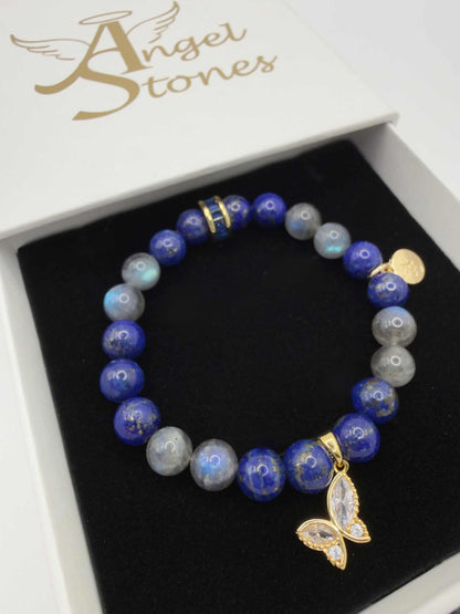 Lapis Lazuli and Labradorite Transformation Bracelet with gold butterfly charm on stretch cord