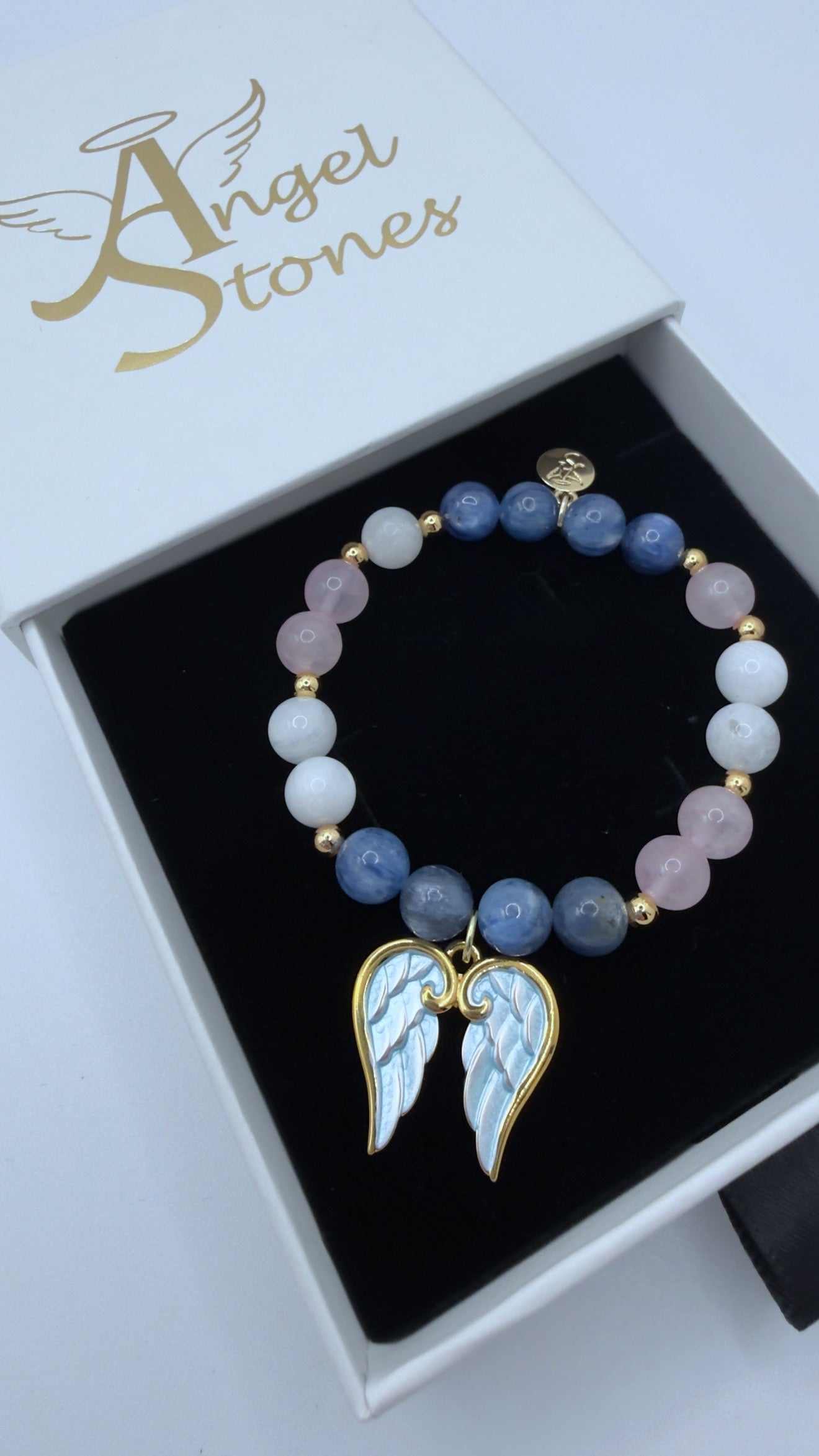 Blue Kyanite, Moonstone, and Rose Quartz grief bracelet with optional angel wings charm