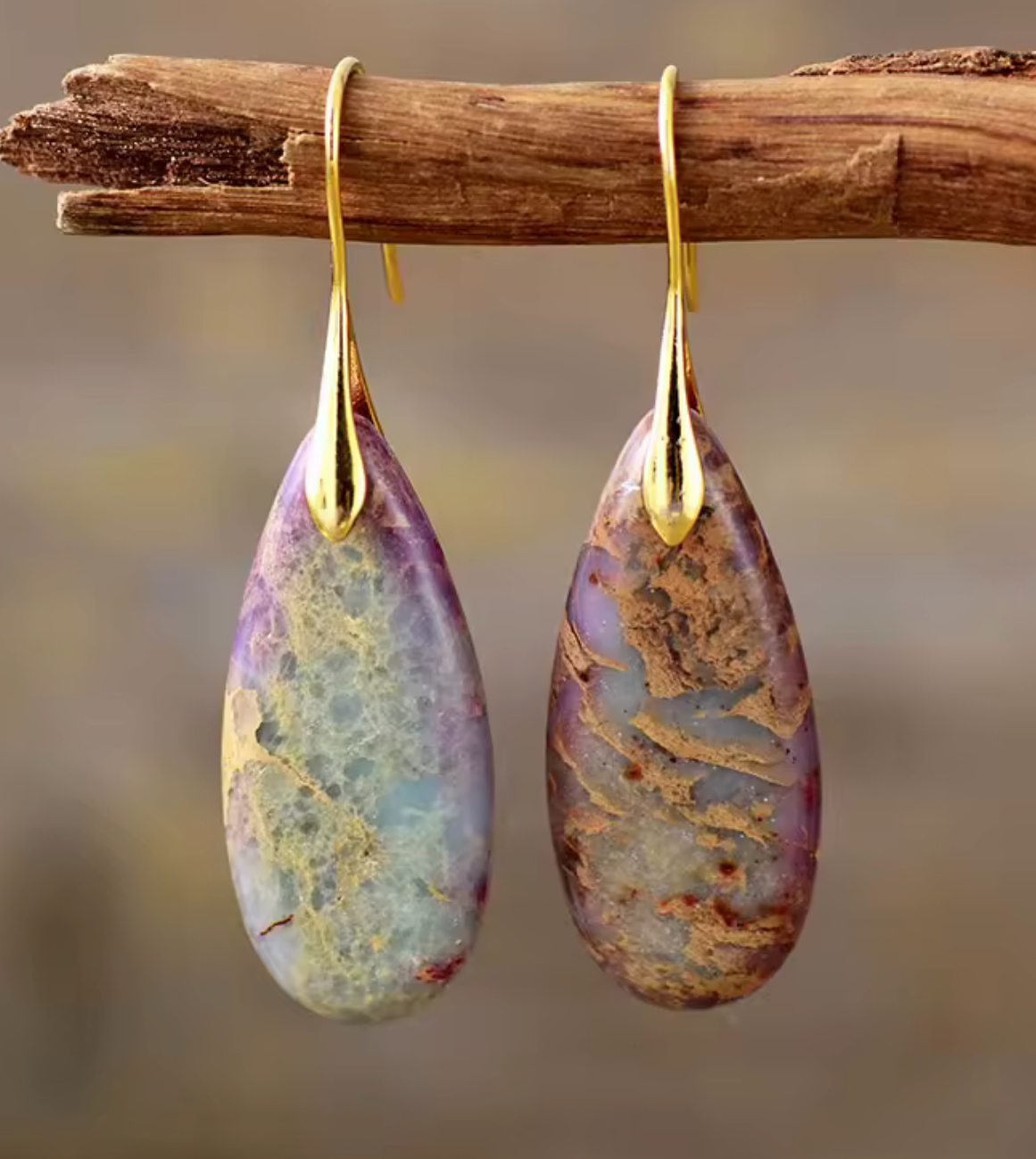 Golden Veil Jasper Drop Earrings with gold-plated hooks and unique lavender, blue, and earth-toned jasper stones
